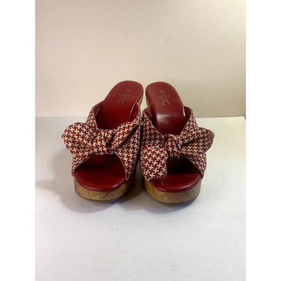 ZARA Rare Red+White Houndstooth Wood Wedge Clog Retro 40s Pin-up Bow Tie - Picture 5 of 9